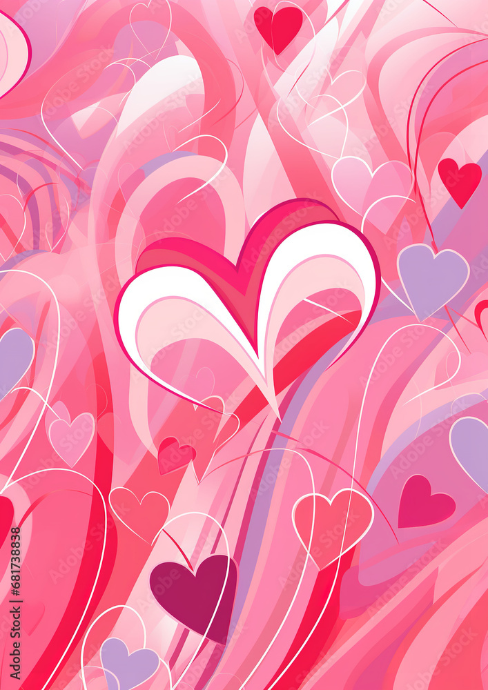 A wall sticker showing various pink heart shapes, in the style of bold, cartoonish lines, bright backgrounds, swirling vortexes, smooth surface