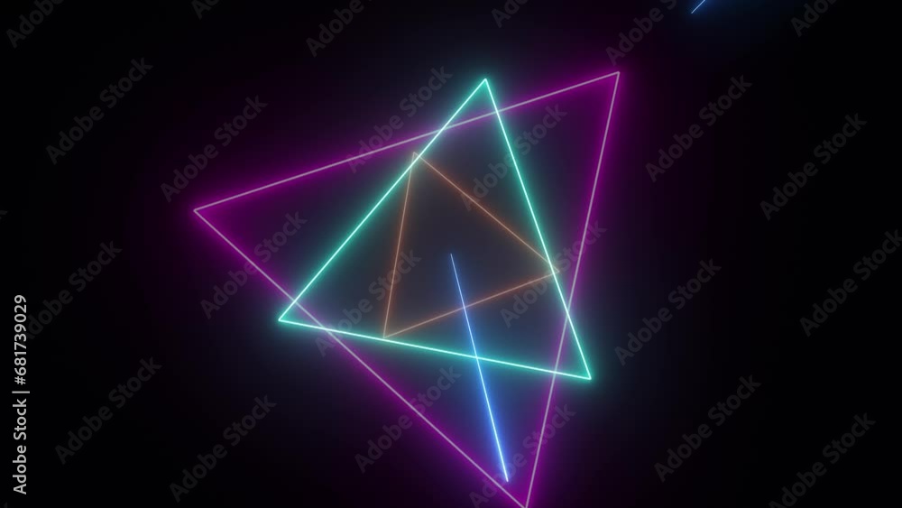 Sci-fi tunnel with neon triangles. An endless flight forward to the stars and the milky way. Modern neon lighting. Seamless loop 3d render in 4K. Sci-fi tunnel with neon triangles. An endless flight forward to the stars and the milky way. Modern neon lighting. Seamless loop 3d render in 4K.