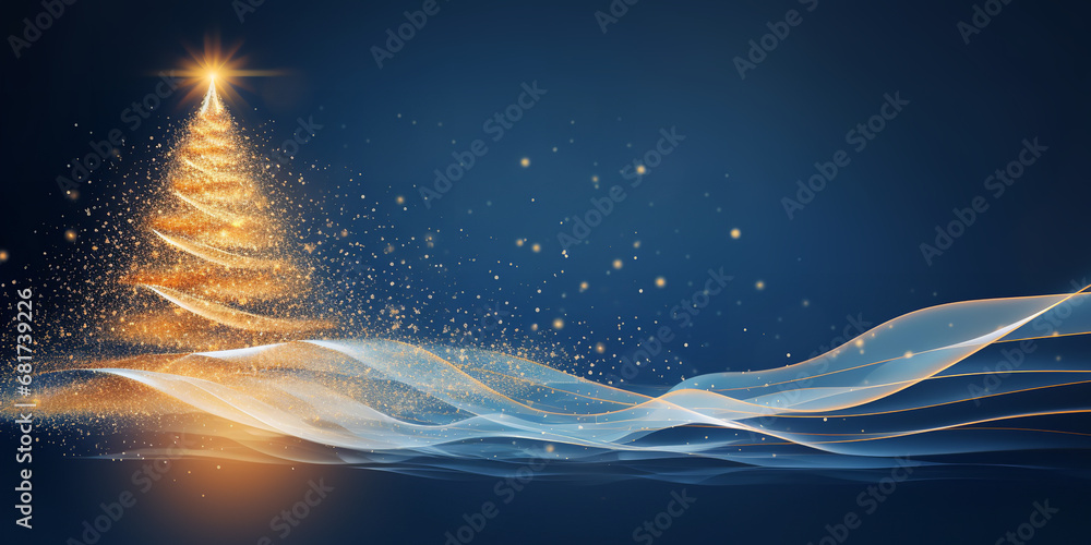 Golden christmas tree on blue background, in the style of energetic abstracts, glittery and shiny