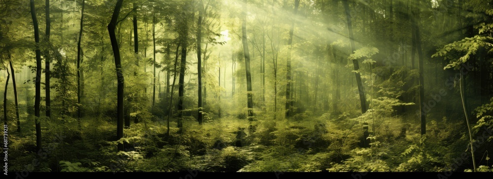 Obraz premium a green forest with sunlight Generative AI