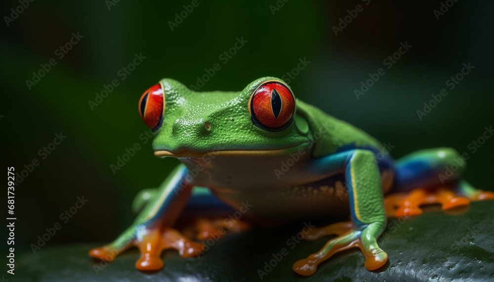 Fototapeta premium Red eyed tree frog sitting on leaf, looking with curiosity generated by AI