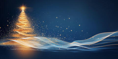 Golden christmas tree on blue background, in the style of energetic abstracts, glittery and shiny