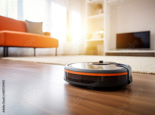 A black and orange robotic vacuum cleaner on a wooden floor in a modern living room, with a white carpet and furniture in the background.