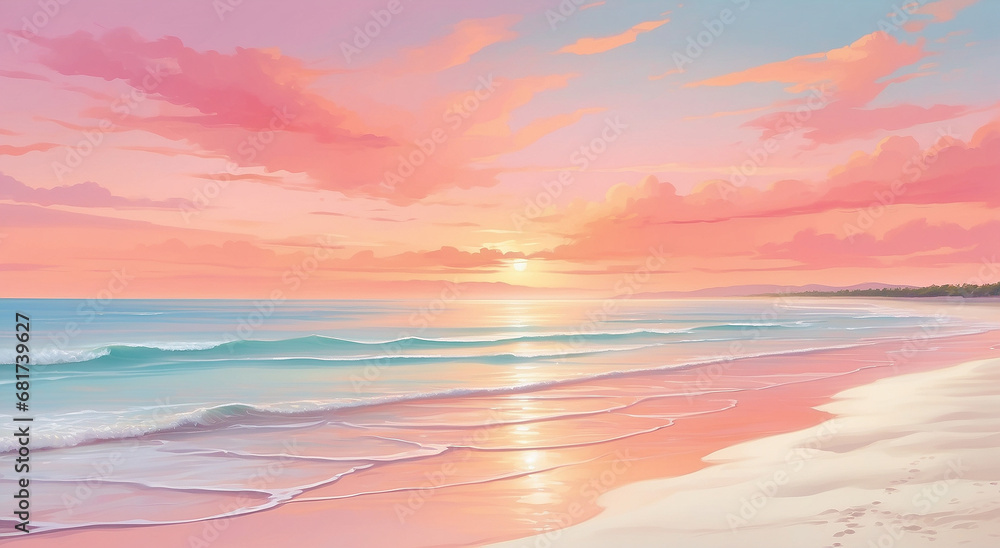 A serene beach scene with soft white sand, gentle waves, and a stunning sunset painting the sky with shades of pink and orange - AI Generative