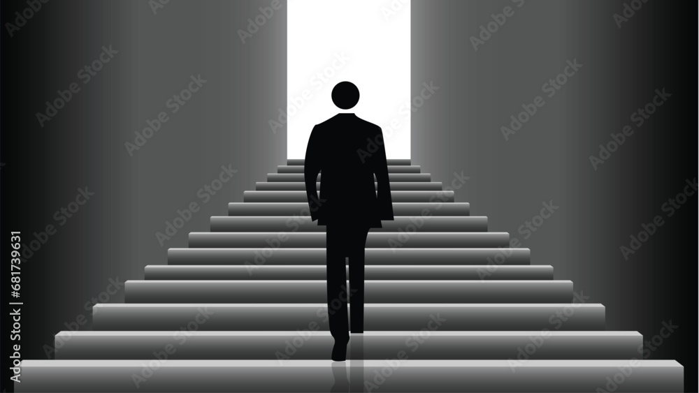 Businessman walking on stairs leading to door of light