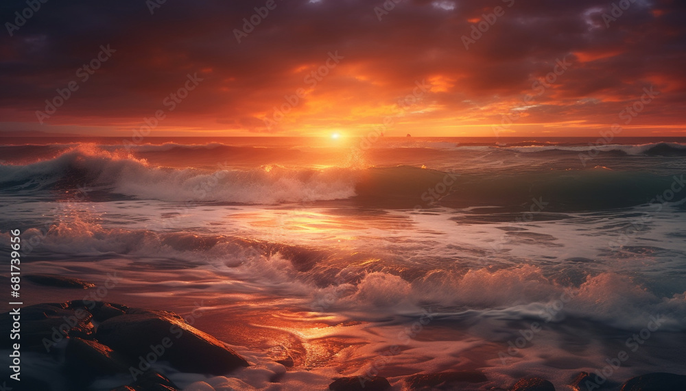 Tranquil scene at waters edge, dramatic sky reflects beauty in nature generated by AI Tranquil scene at waters edge, dramatic sky reflects beauty in nature generated by AI