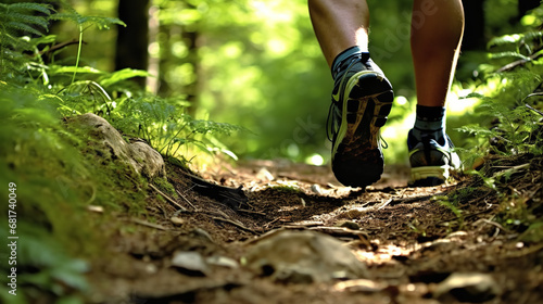 Two legs of an athlete in sneakers running along a forest path