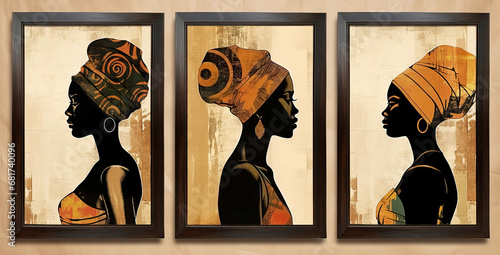 Set of 3 canvas with painting african women photo