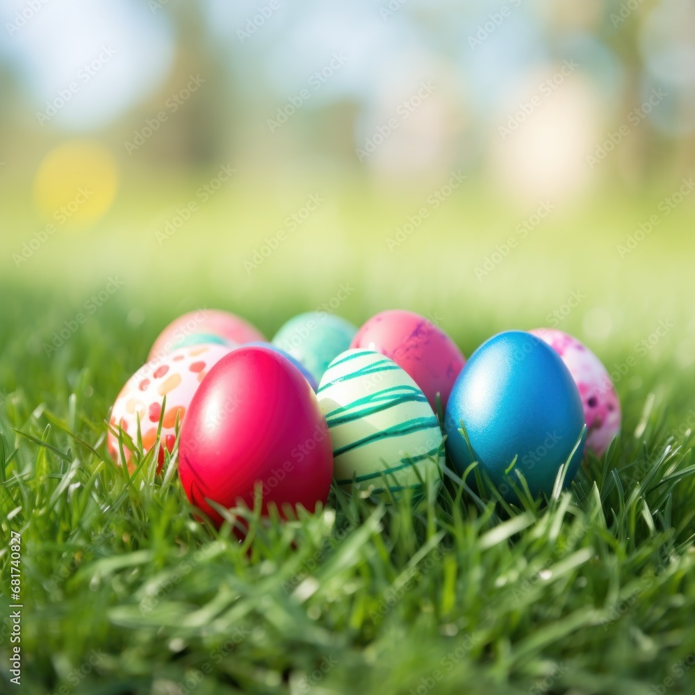 A close-up shot of colorful Easter eggs arranged on lush green grass