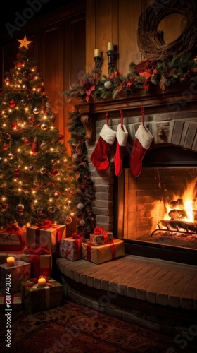 decorated Christmas tree, presents, and a roaring fire in the fireplace