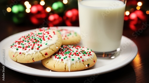 glass of milk and a plate of freshly baked Christmas cookies, complete with sprinkles and frosting.