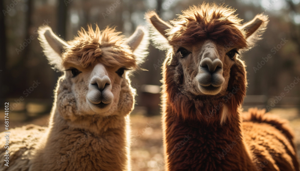 Cute alpaca portrait, looking at camera with fluffy wool generated by AI