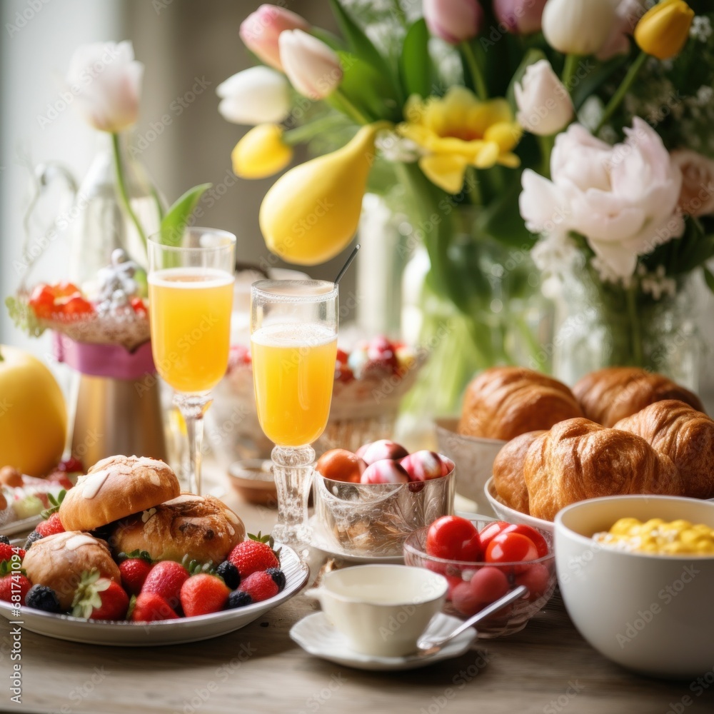 Easter brunch items, including pastries, fruits, and beverages, set against a festive background Easter brunch items, including pastries, fruits, and beverages, set against a festive background