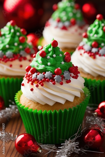 beautifully decorated cupcakes with festive red and green icing and edible Christmas decorations