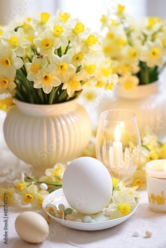An elegant Easter-themed setup featuring flowers, candles, and decorations,