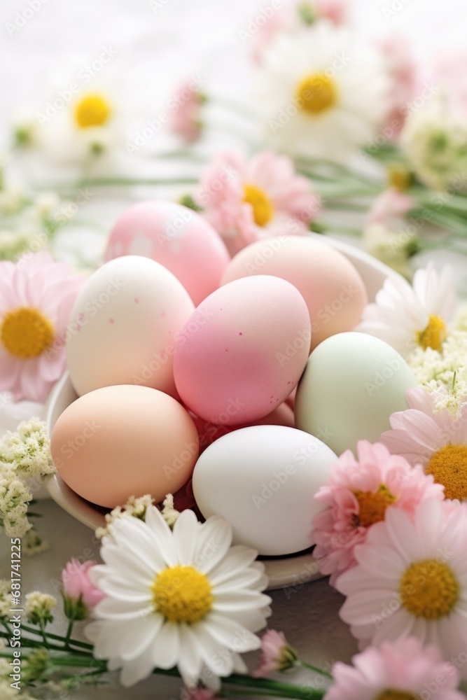 A beautiful shot of pastel-colored Easter eggs arranged on a bed of flowers, A beautiful shot of pastel-colored Easter eggs arranged on a bed of flowers,