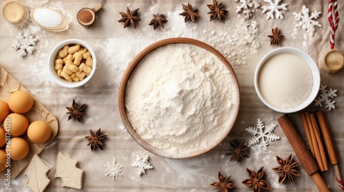 baking supplies, flour, sugar, cookie cutters, and a rolling pin, for the Chr...