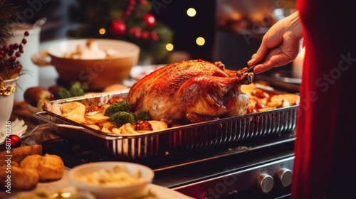 preparing a Christmas dinner, a turkey in the oven, vegetables being chopped