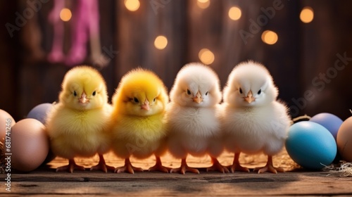 fluffy Easter chicks and colorful eggs set against a rustic background.