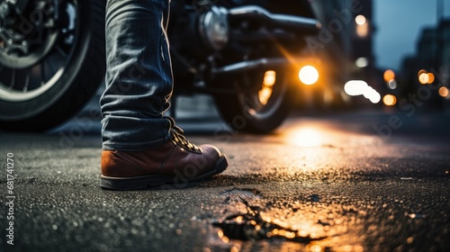 Visualize the impact of road accidents! A closeup of a male leg on asphalt, depicting the aftermath of a pedestrian hit. photo