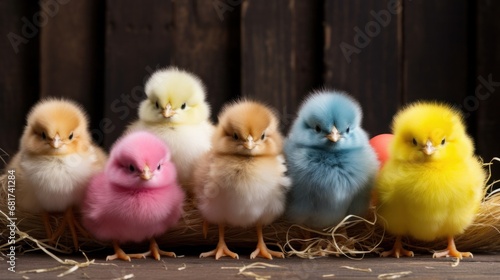 fluffy Easter chicks and colorful eggs set against a rustic background.