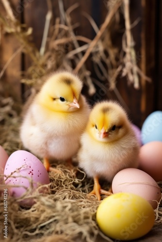 fluffy Easter chicks and colorful eggs set against a rustic background.