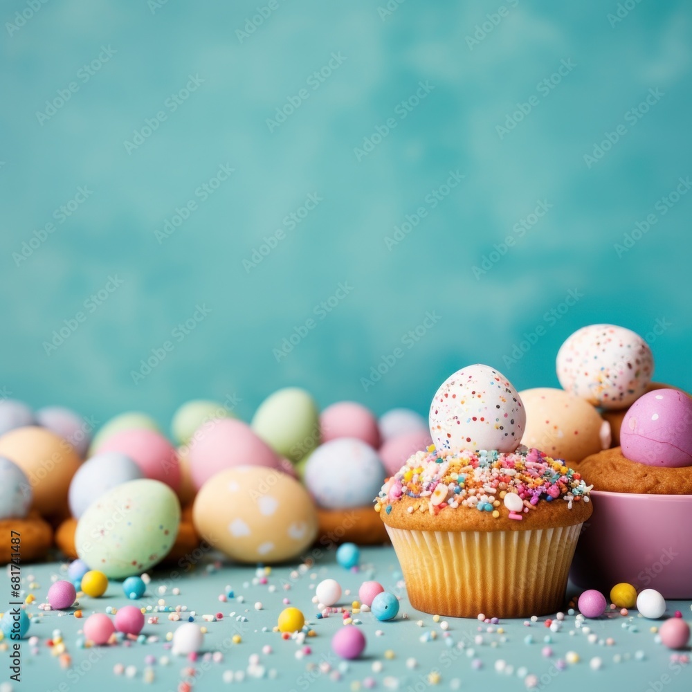 Fototapeta premium Easter-themed cookies, cupcakes, and other treats, set against a colorful background with copy space