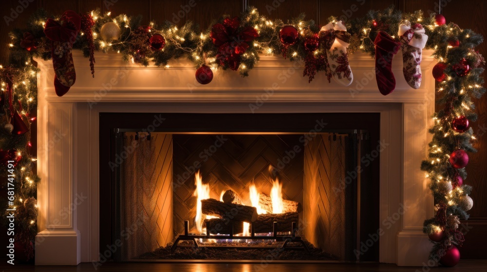 fireplace adorned with garland, twinkling lights, and stockings hung
