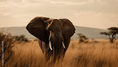African elephant walking in tranquil savannah, tusk and ear prominent generated by AI © Jeronimo Ramos