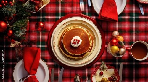 table set with Christmas-themed crockery, including pancakes, eggs, bacon, an...