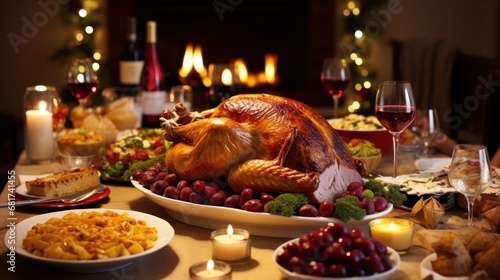 beautifully decorated dining table with a roasted turkey, cranberry sauce, and various side dishes