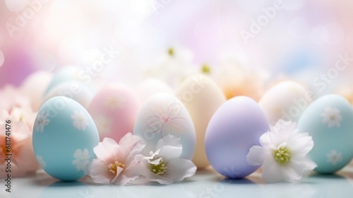 A beautiful shot of pastel-colored Easter eggs arranged on a bed of flowers 