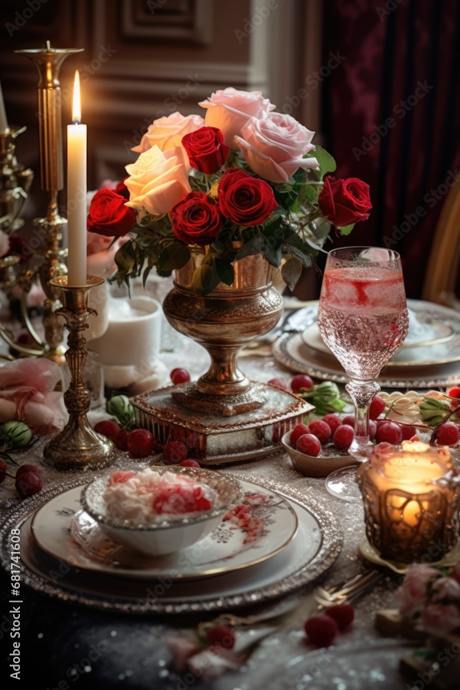 A beautifully arranged table set for a holiday dinner, featuring elegant candles and romantic roses. Perfect for festive occasions and special celebrations. A beautifully arranged table set for a holiday dinner, featuring elegant candles and romantic roses. Perfect for festive occasions and special celebrations.
