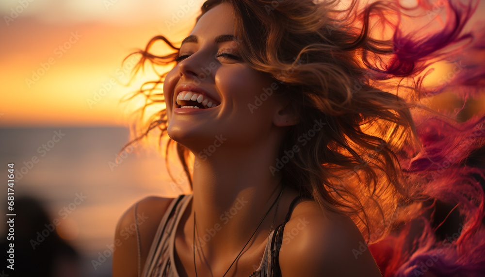 Young woman enjoying the sunset, smiling with carefree happiness generated by AI