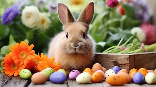 A whimsical photo of a bunny munching on a carrot  with Easter eggs and spring flowers