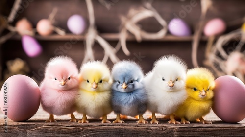 fluffy Easter chicks and colorful eggs set against a rustic background.