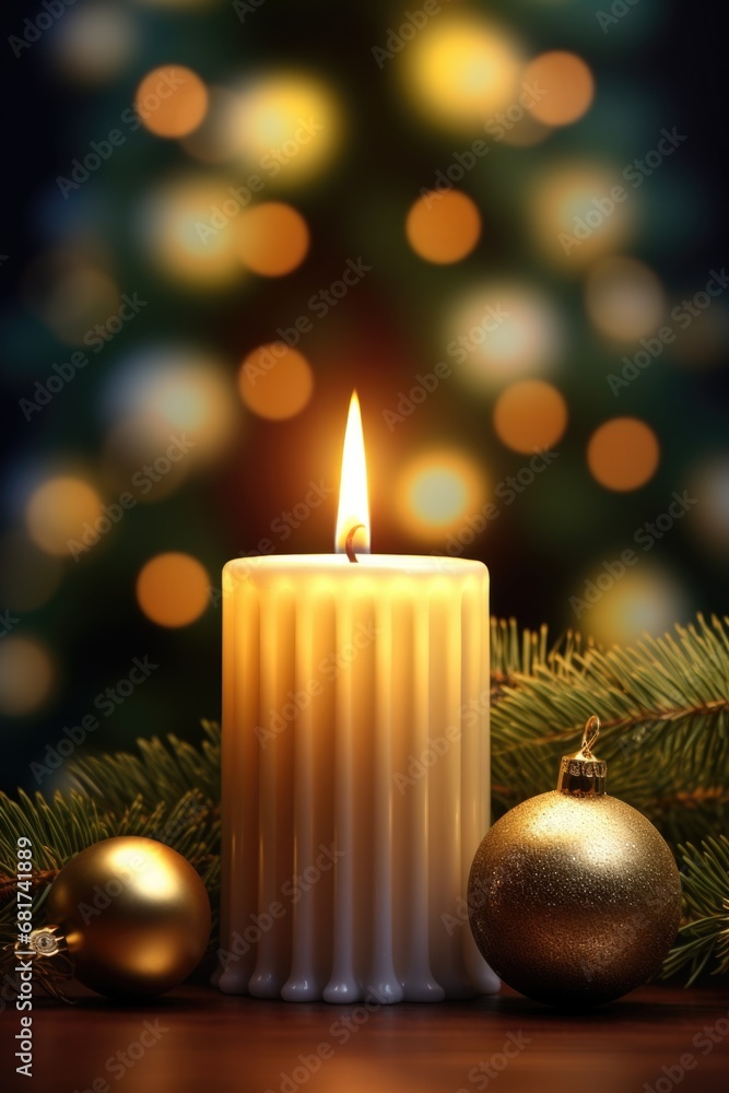 A lit candle sits next to a Christmas tree, creating a cozy and festive atmosphere. This image can be used to capture the warmth and joy of the holiday season.