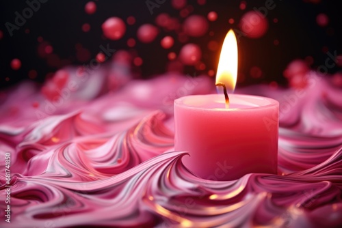 A lit candle sits on top of a pink cloth. This image can be used to create a cozy and romantic atmosphere or to symbolize hope and inspiration.