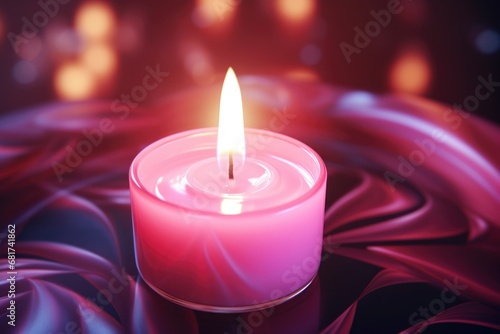 A lit candle sitting on top of a purple cloth. This image can be used to create a cozy and peaceful atmosphere.