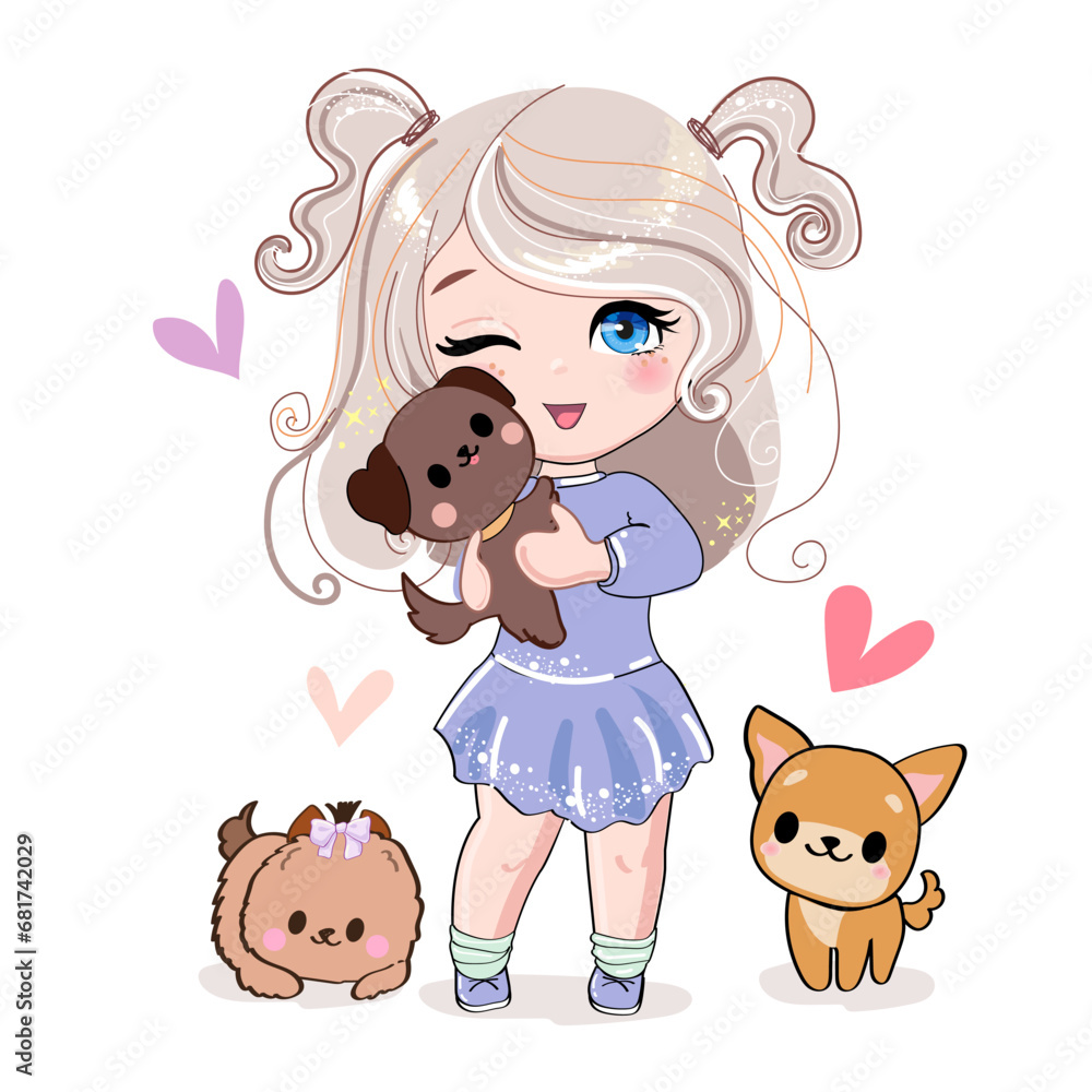 Cute Cartoon Girl In Anime Style With Dogs Kawaii Style Vector cute-cartoon-girl-in-anime-style-with-dogs-kawaii-style-vector