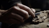 Craftsperson making homemade craft product with metal blade and leather generated by AI