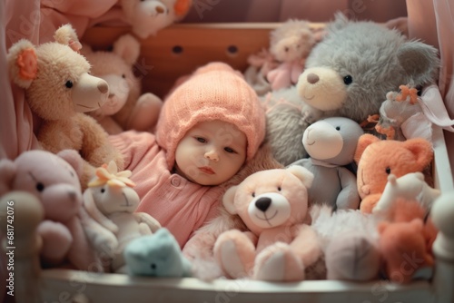 A cute baby peacefully sleeping in a bed surrounded by a collection of stuffed animals. Perfect for nursery decor or baby-related projects.