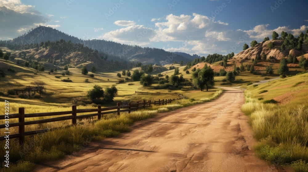 Naklejka premium Escape to rustic tranquility! Navigate a rural mountain dirt road, ascending through scenic hills.