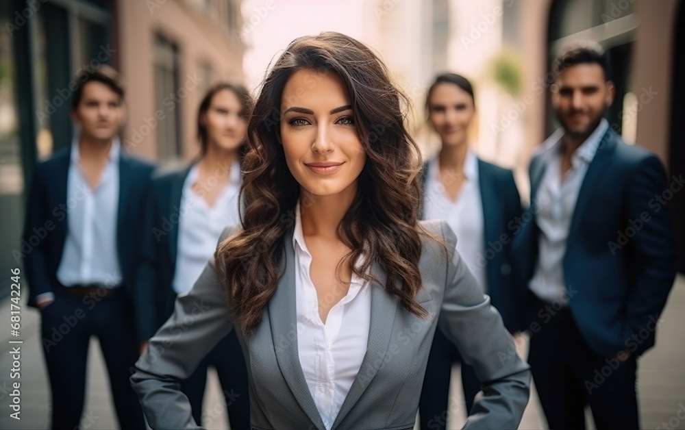 Businesswoman and a row of employees looking at her. Business vibe Businesswoman and a row of employees looking at her. Business vibe
