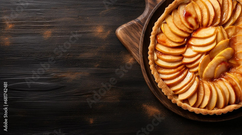 copy space, stockphoto, Fresh baked glazed homemade apple tart pie. Top view, menu, restaurant. Vegan dish. Tasty apple pie, sweet dessert.