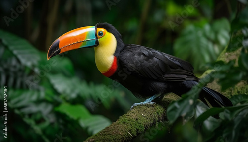 Toucan perching on branch, vibrant feathers in tropical rainforest generated by AI