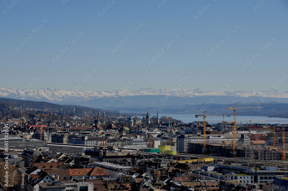 Switzerland: Panoramic view of the old town of Zürich-City from Mariott Hotel