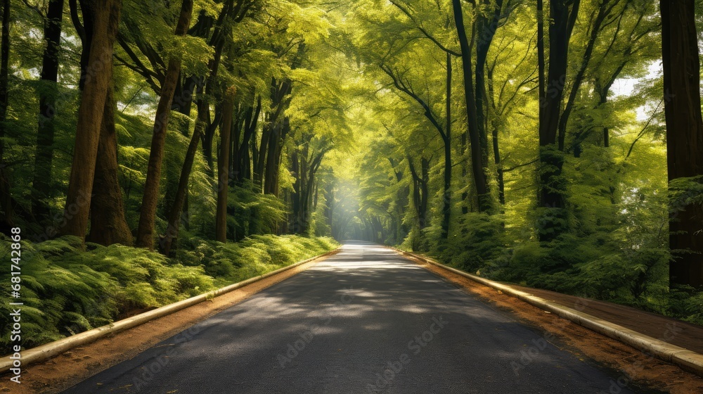 Conquer the scenic route! Drive uphill on a straight asphalt road, surrounded by towering trees. Capture the spirit of adventure with this captivating stock image
