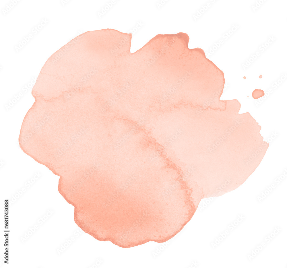 Ink watercolor hand drawn blot. Wet beige pink color paper texture stain on white background.