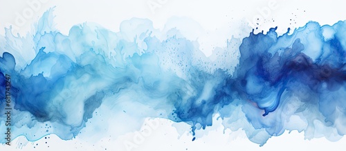 The abstract watercolor design on the white paper banner showcases a textured illustration, where the blue paint brush creates a grunge splash of creative colors, isolated in a white background. photo